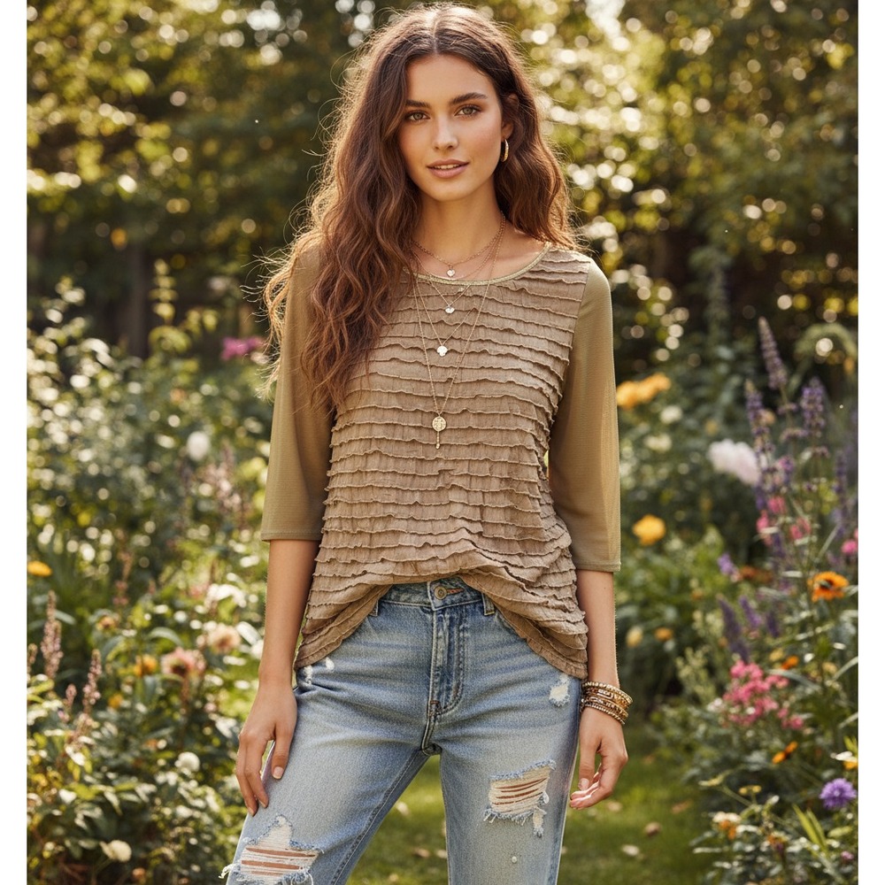 Cocomo M L Top Ruffle Taupe Beige Boho Hippie Cottage Romantic Fairy Grunge 90s